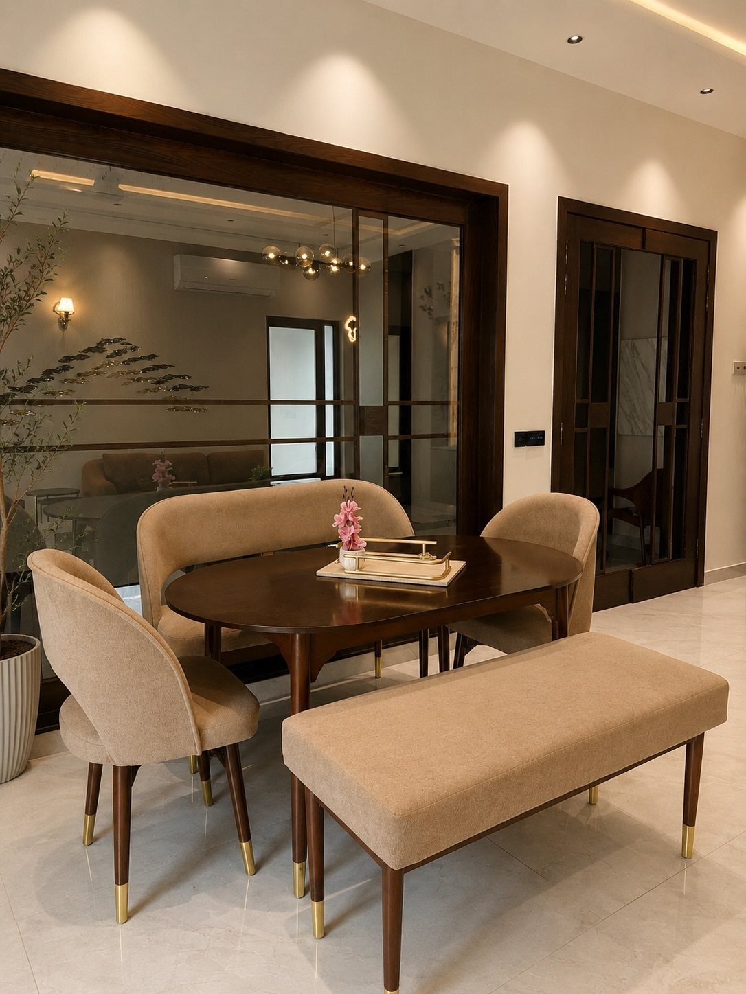 Modern dining set with beige seating and recessed ceiling lighting in a bright room.