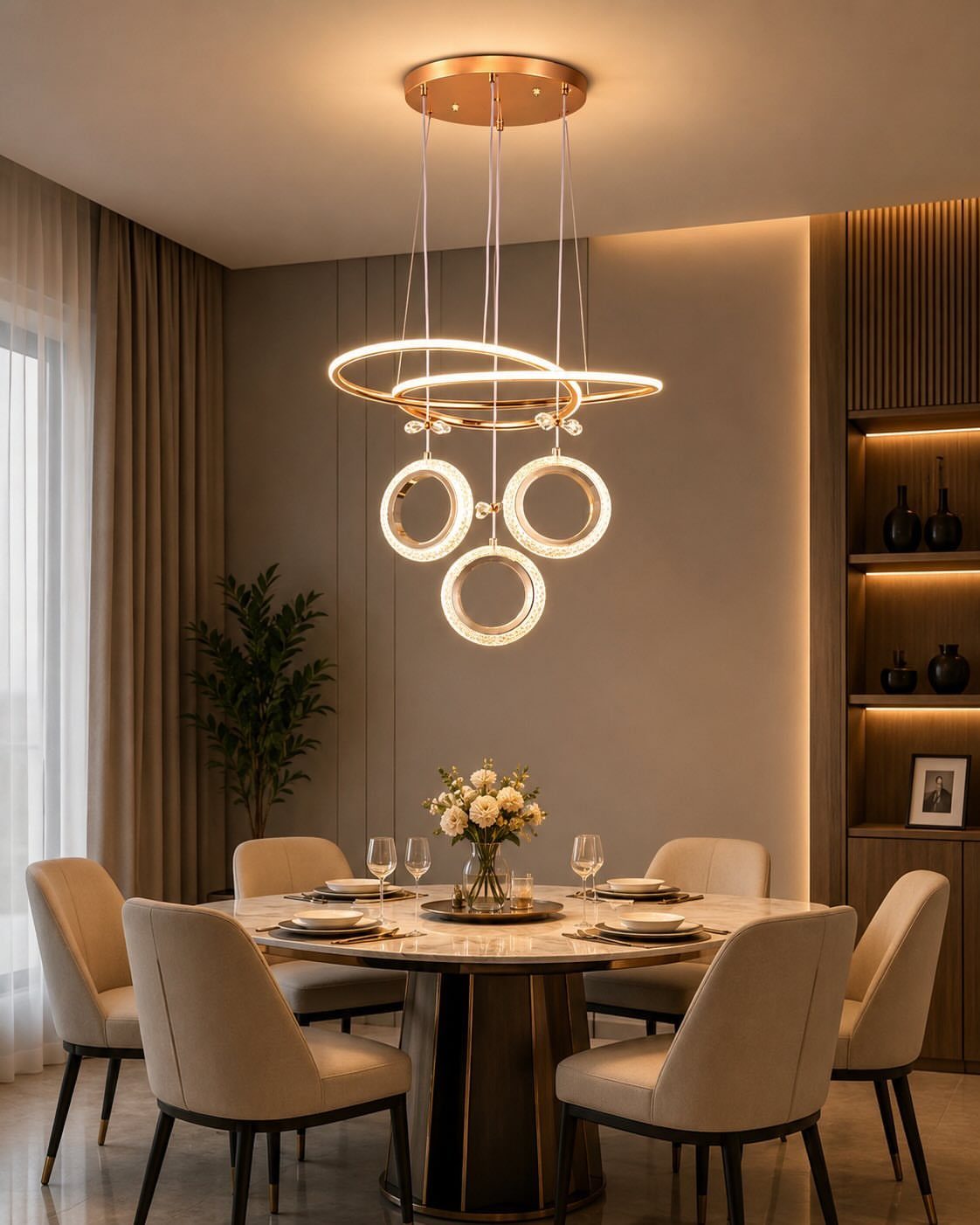 Gold circular pendant light fixture hanging over a round marble dining table.
