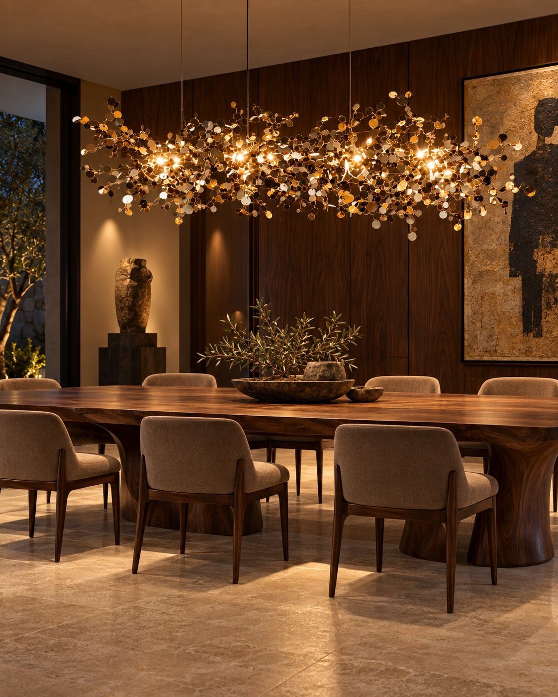Sculptural gold branch chandelier hanging over a long wooden dining table and chairs.