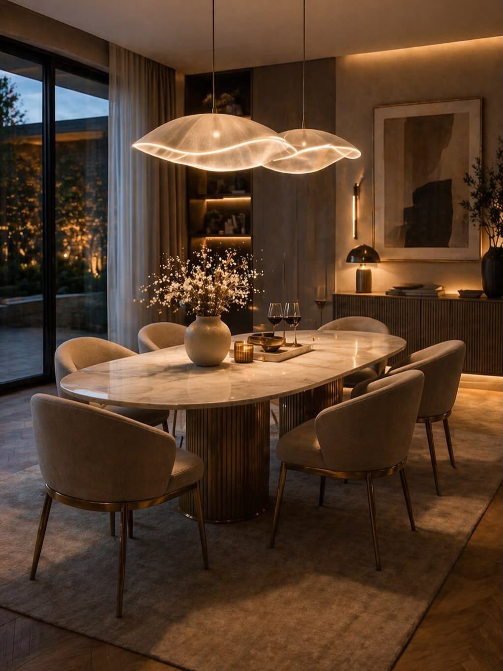 Wavy white textured pendant lights hanging over a marble dining table and beige chairs.