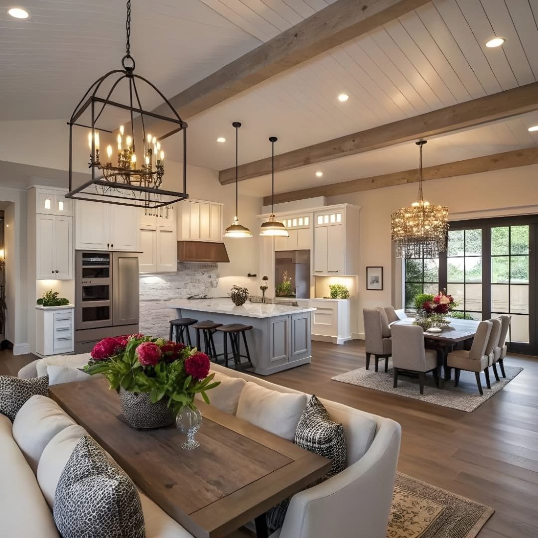 Rustic wooden exposed beams on a white ceiling in a modern farmhouse dining room.