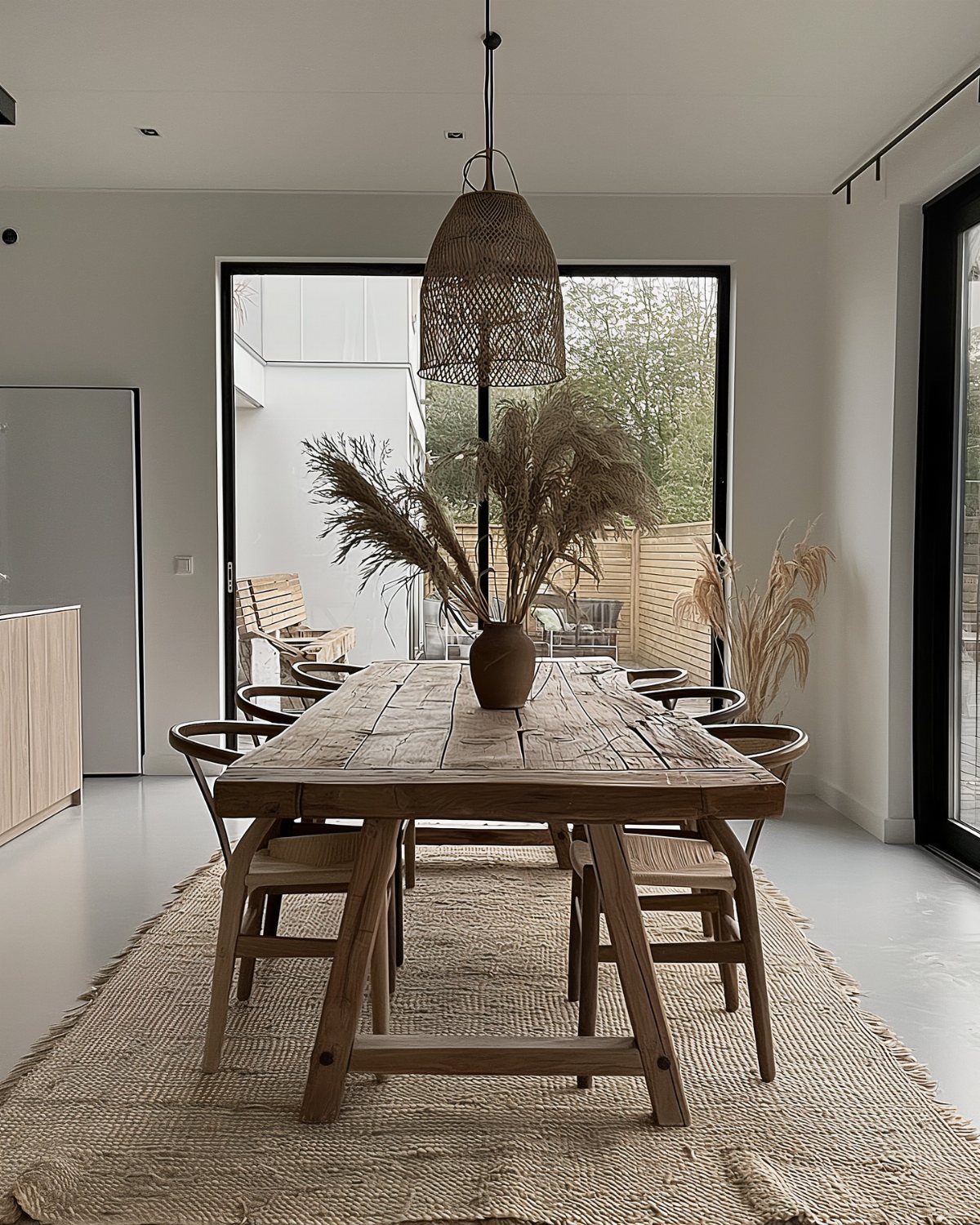 Rustic wooden dining table and chairs with a woven pendant light and pampas grass.