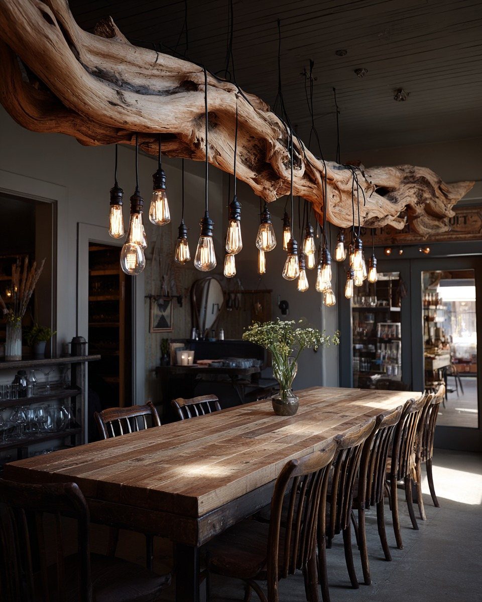 Rustic dining table with Edison bulbs hanging from a large driftwood branch overhead.