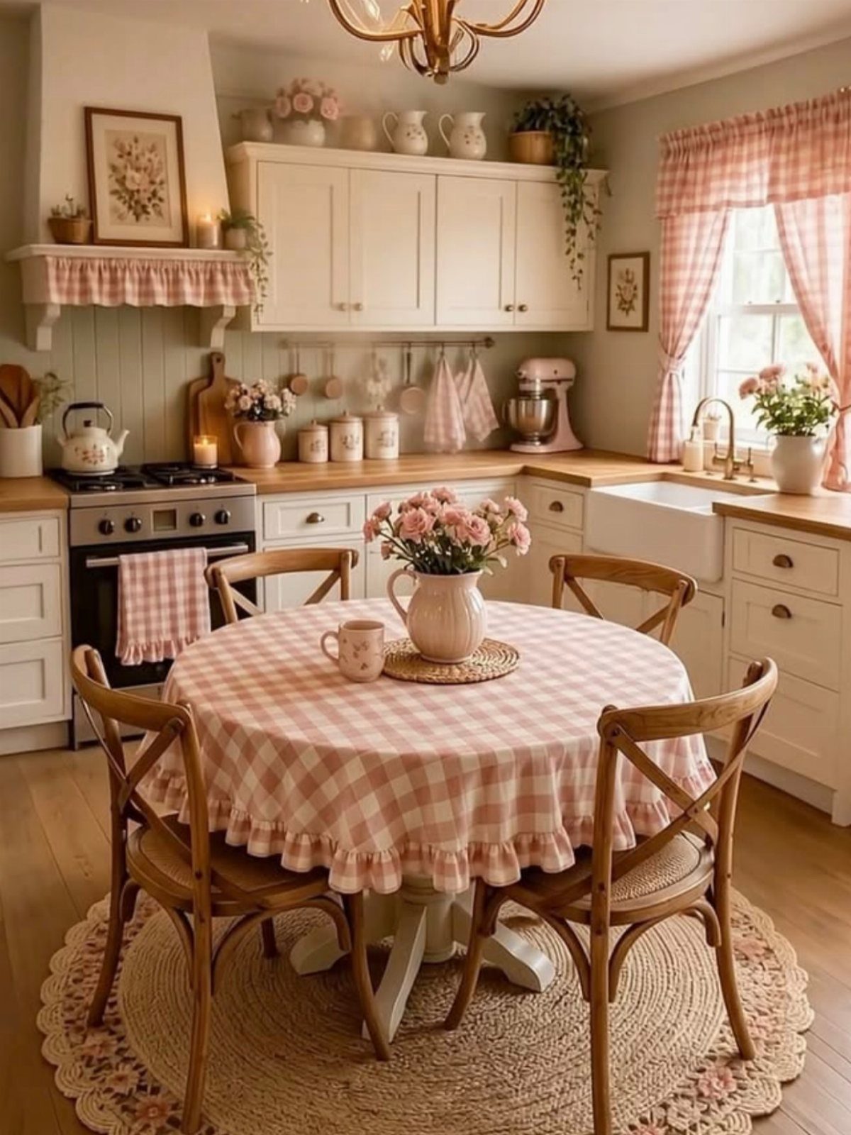 Round dining table with pink gingham cloth and wooden chairs in rustic kitchen