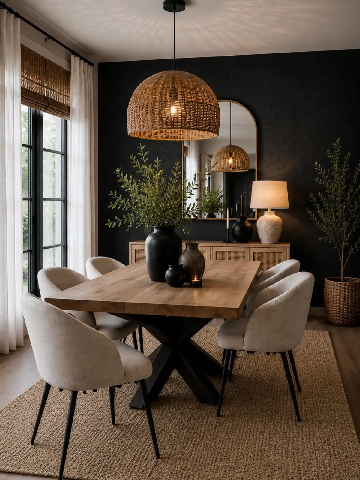 Wooden dining table with grey chairs, jute rug, and woven pendant light.