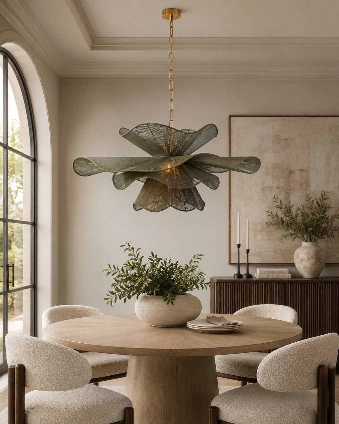 Sculptural layered mesh chandelier hanging over a round wooden dining table and chairs