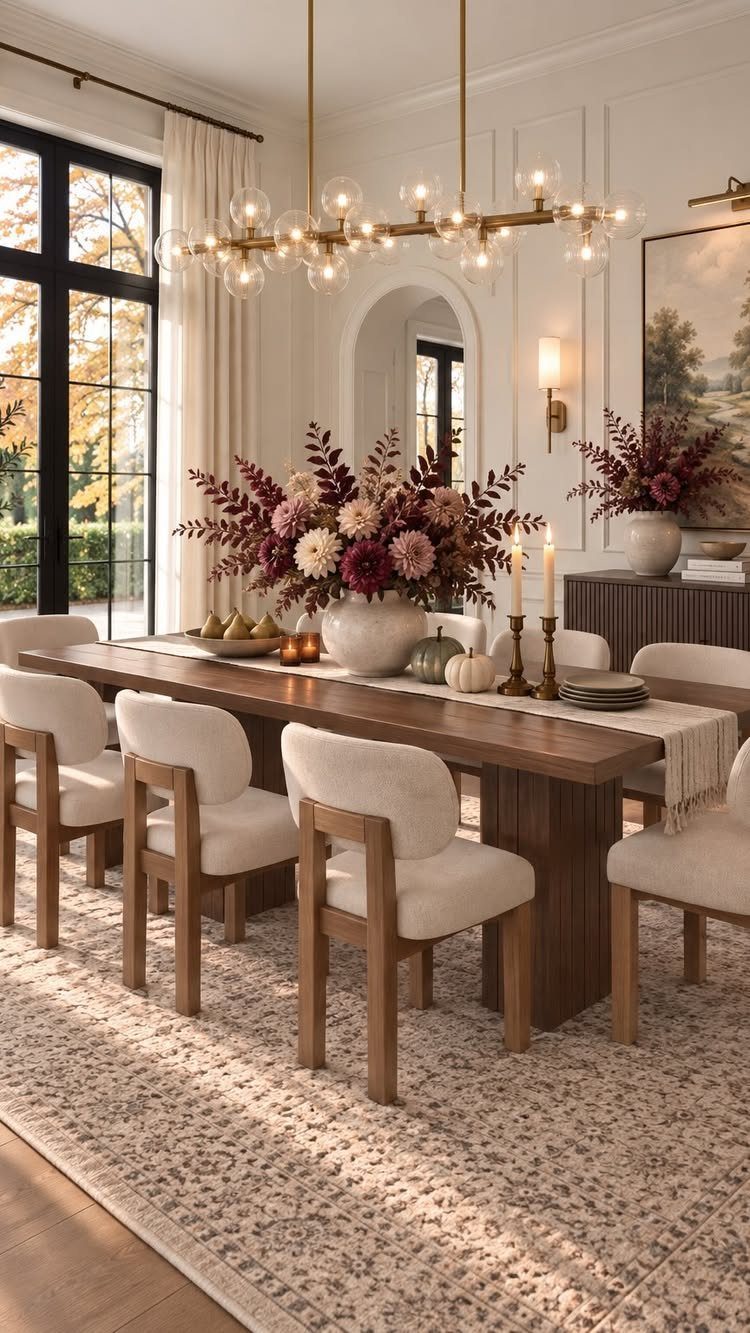 Natural wood dining table with cream chairs and earthy floral centerpiece in bright room