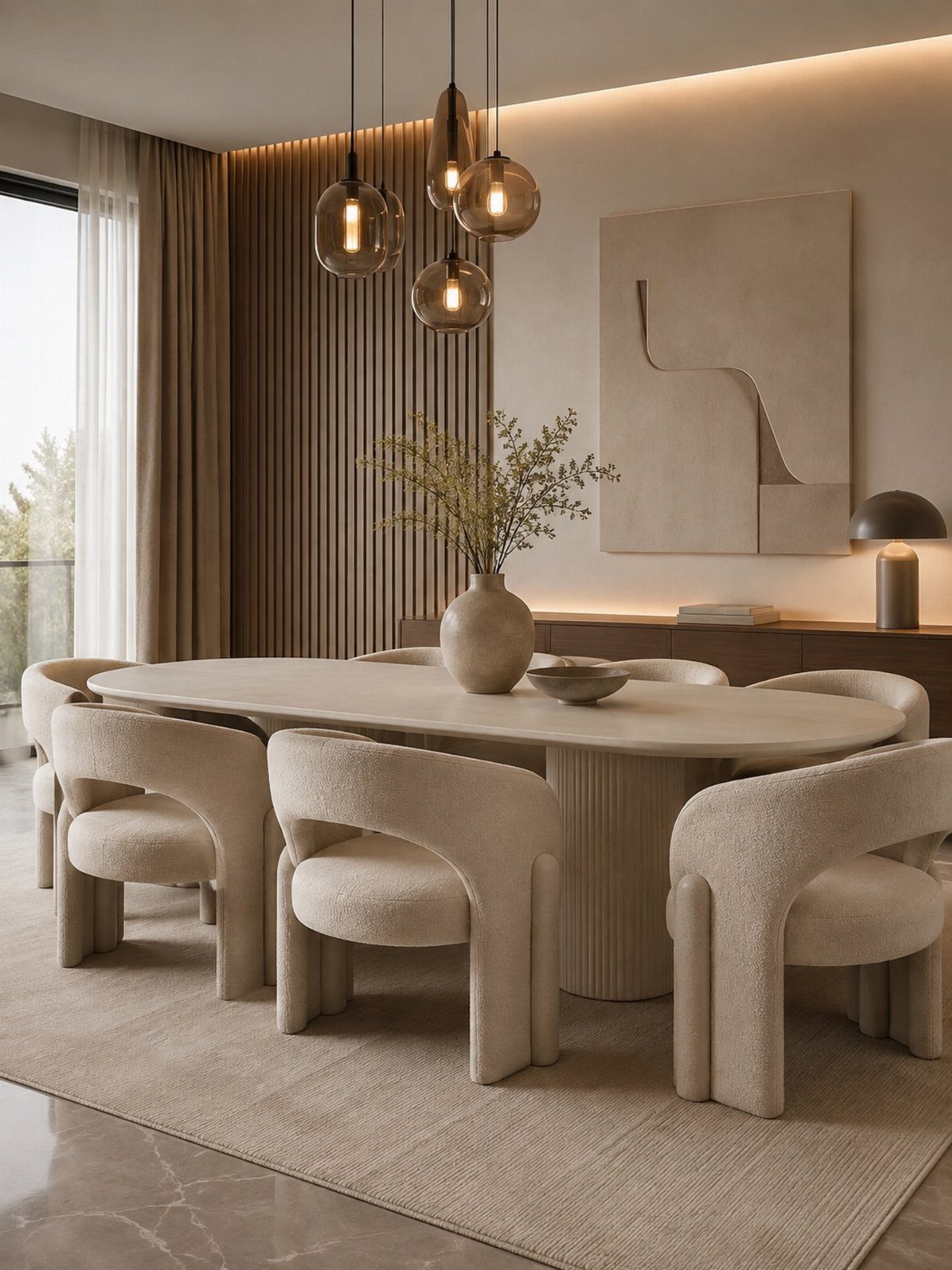 Oval beige dining table with curved chairs in a modern organic dining room