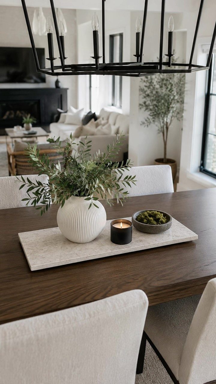 Table centerpiece with a white vase, black candle, and moss on a tray.
