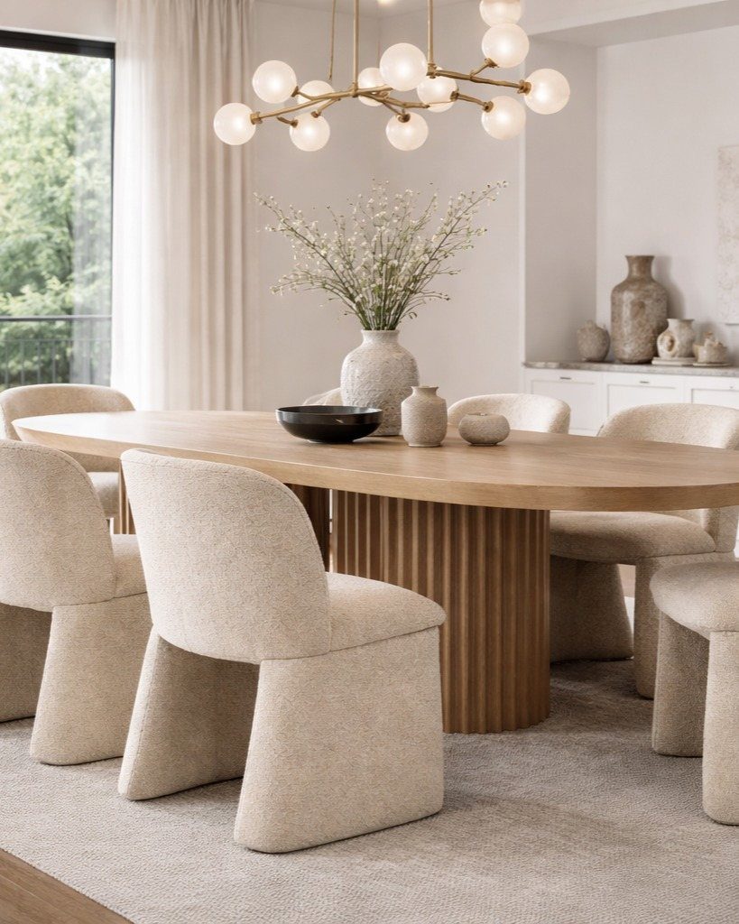 Oval light-wood dining table with fluted base and matching cream upholstered chairs.