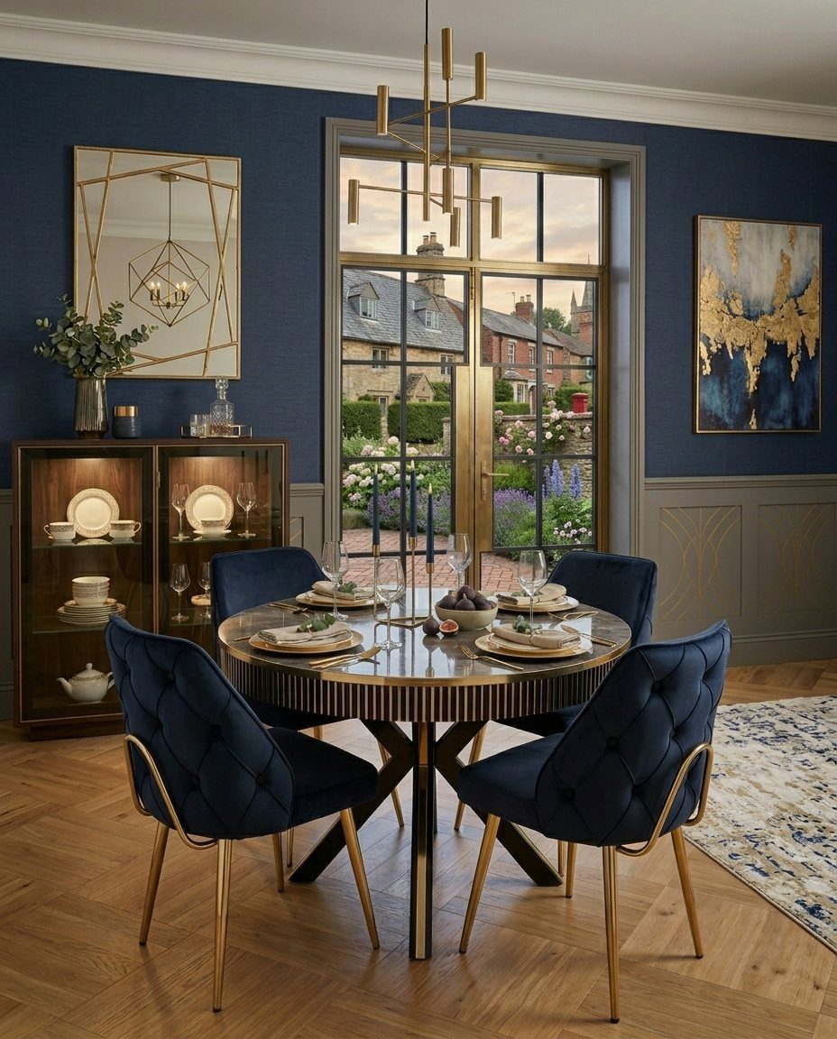 Navy blue dining room with gold metallic accents on chairs, table, and lighting.