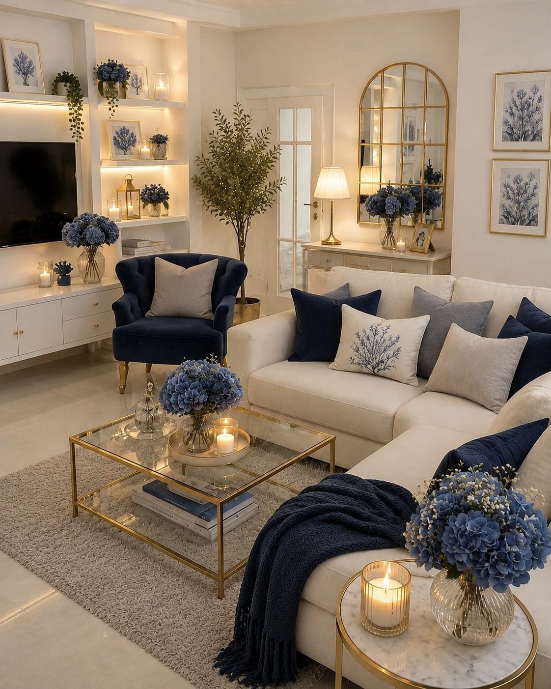 Gold glass coffee table with blue hydrangeas and candles in a navy living room