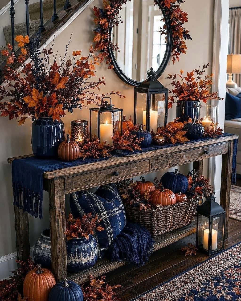 Rustic wooden table decorated with navy blue accents, orange pumpkins, and autumn leaves.