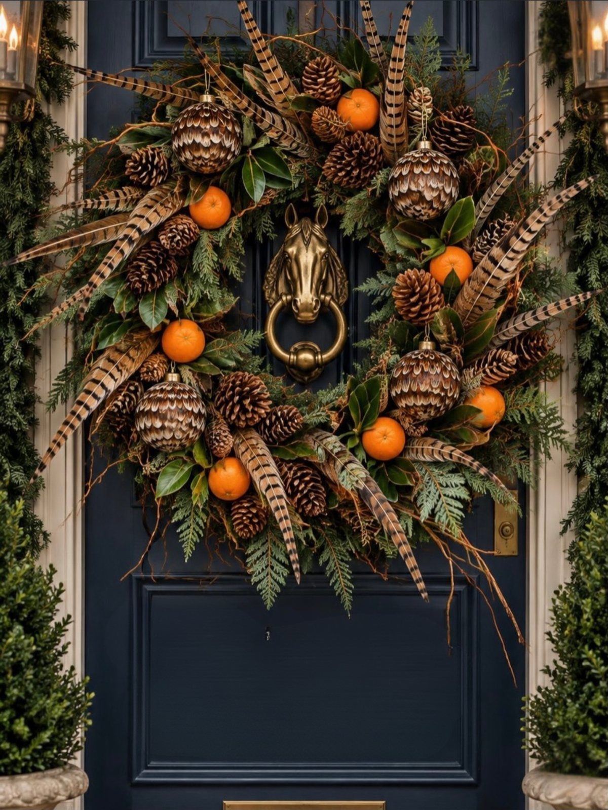 Autumn wreath with pinecones and oranges on a navy blue front door