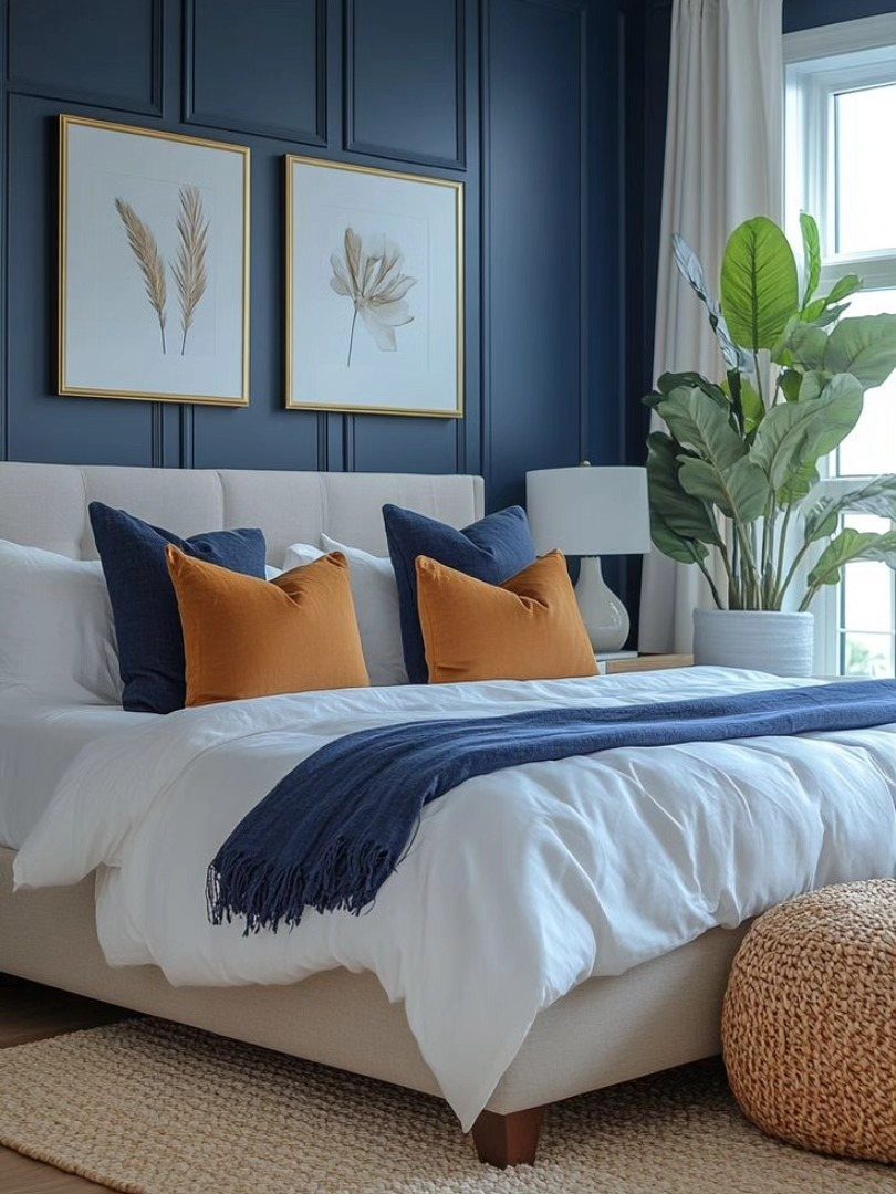 White bed with navy blue and mustard yellow cushions and a navy throw blanket.