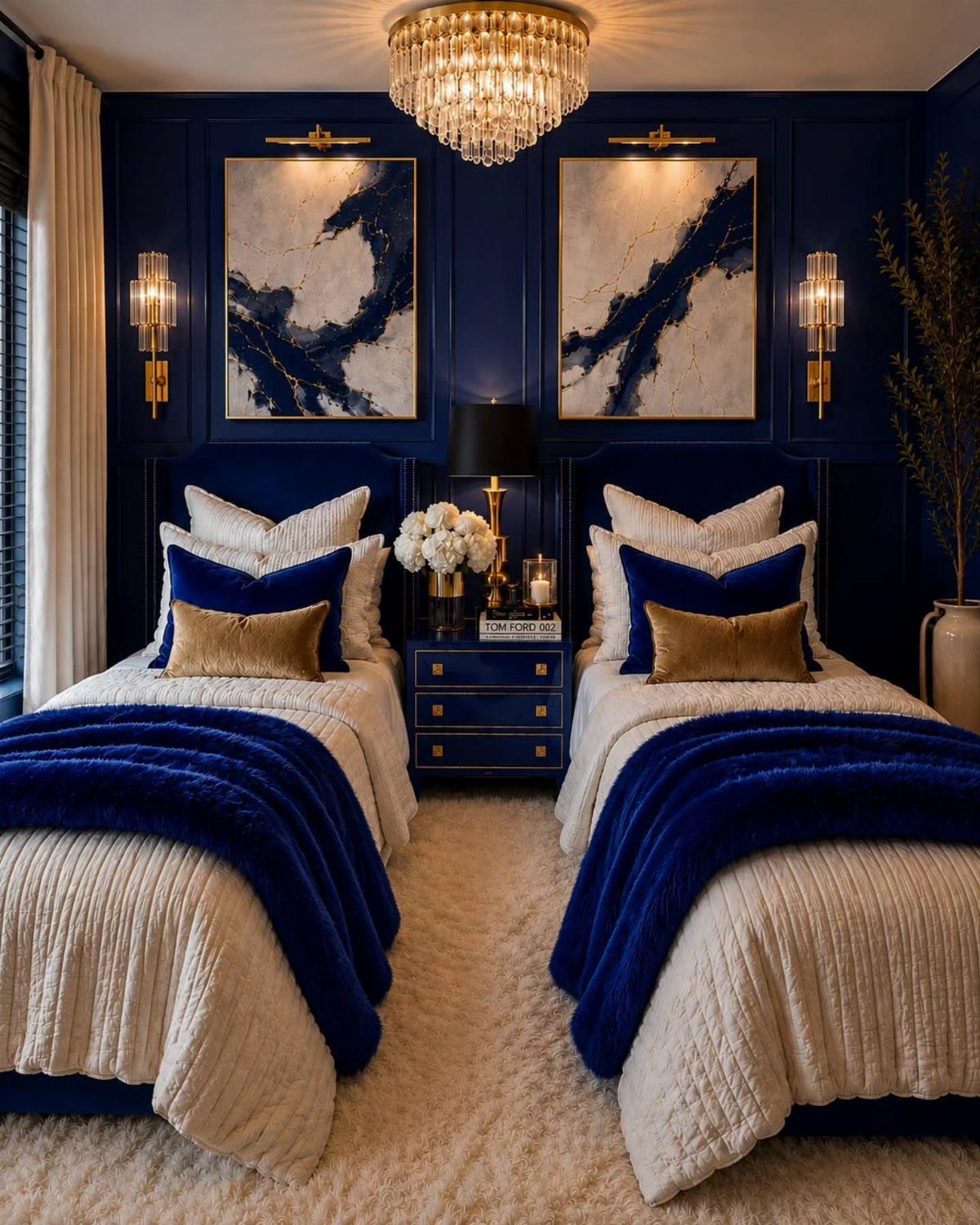 Navy blue velvet pillows and plush throws on twin beds in a blue bedroom.