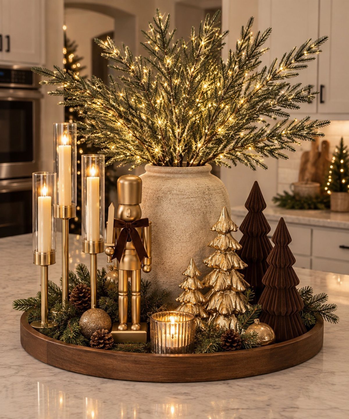 Festive centerpiece with gold accents, lit pine branches, and decorative trees on a tray.