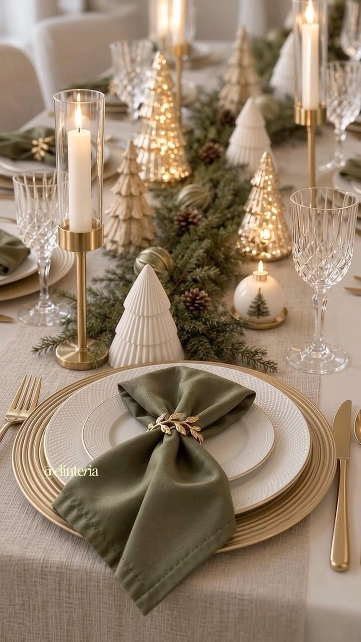 Neutral Christmas table setting with gold chargers, green napkins, and decorative miniature trees.