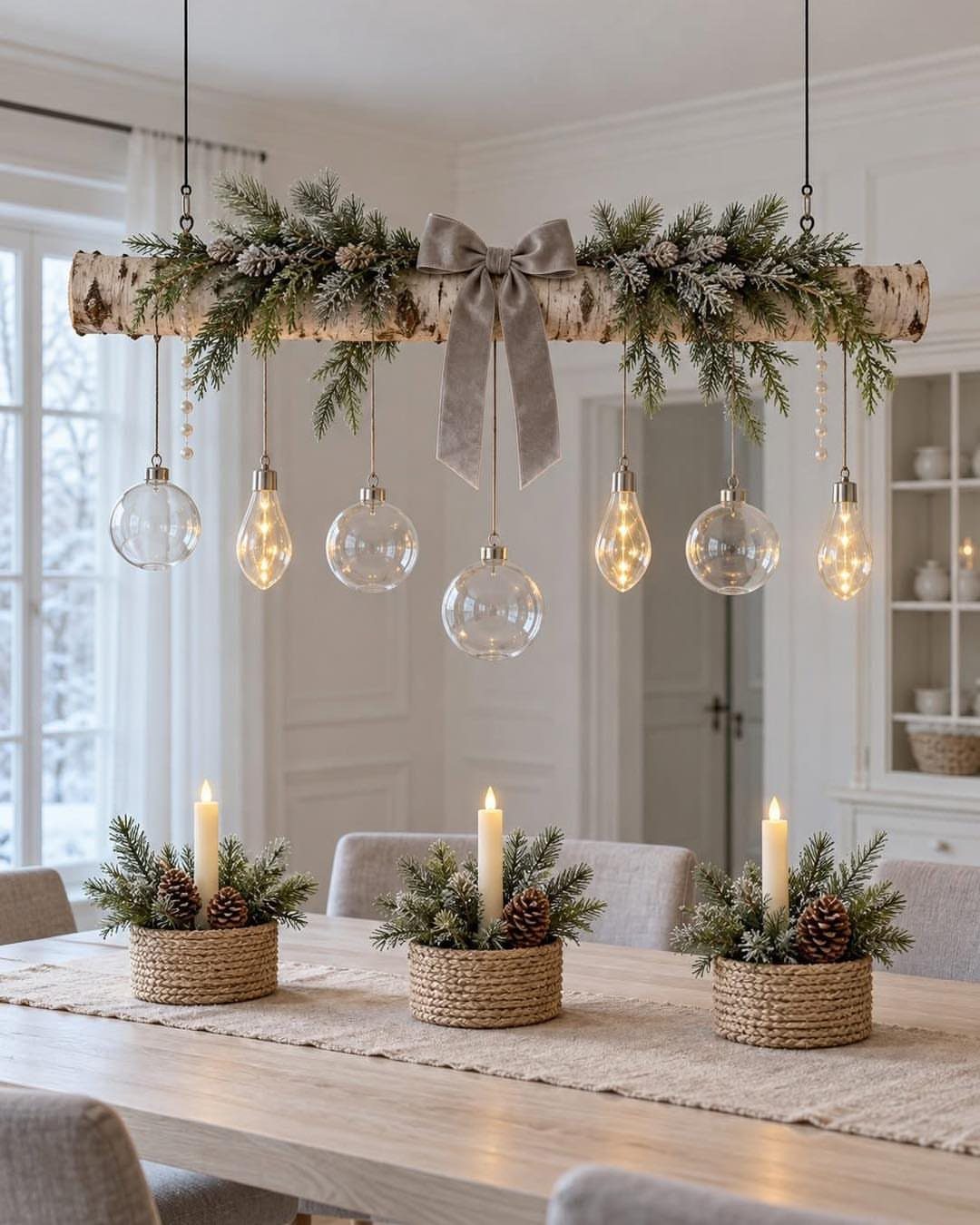 Birch log chandelier and table centerpieces with pinecones and evergreen branches.