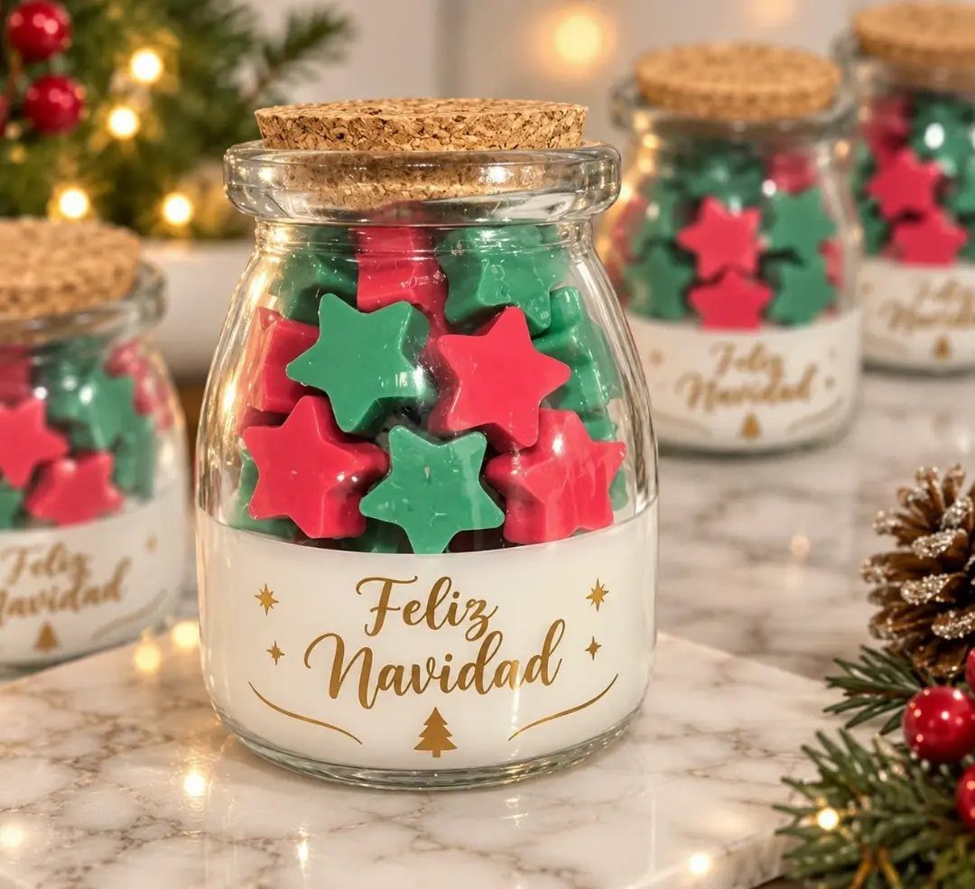 Glass apothecary jars filled with red and green star candies on marble surface