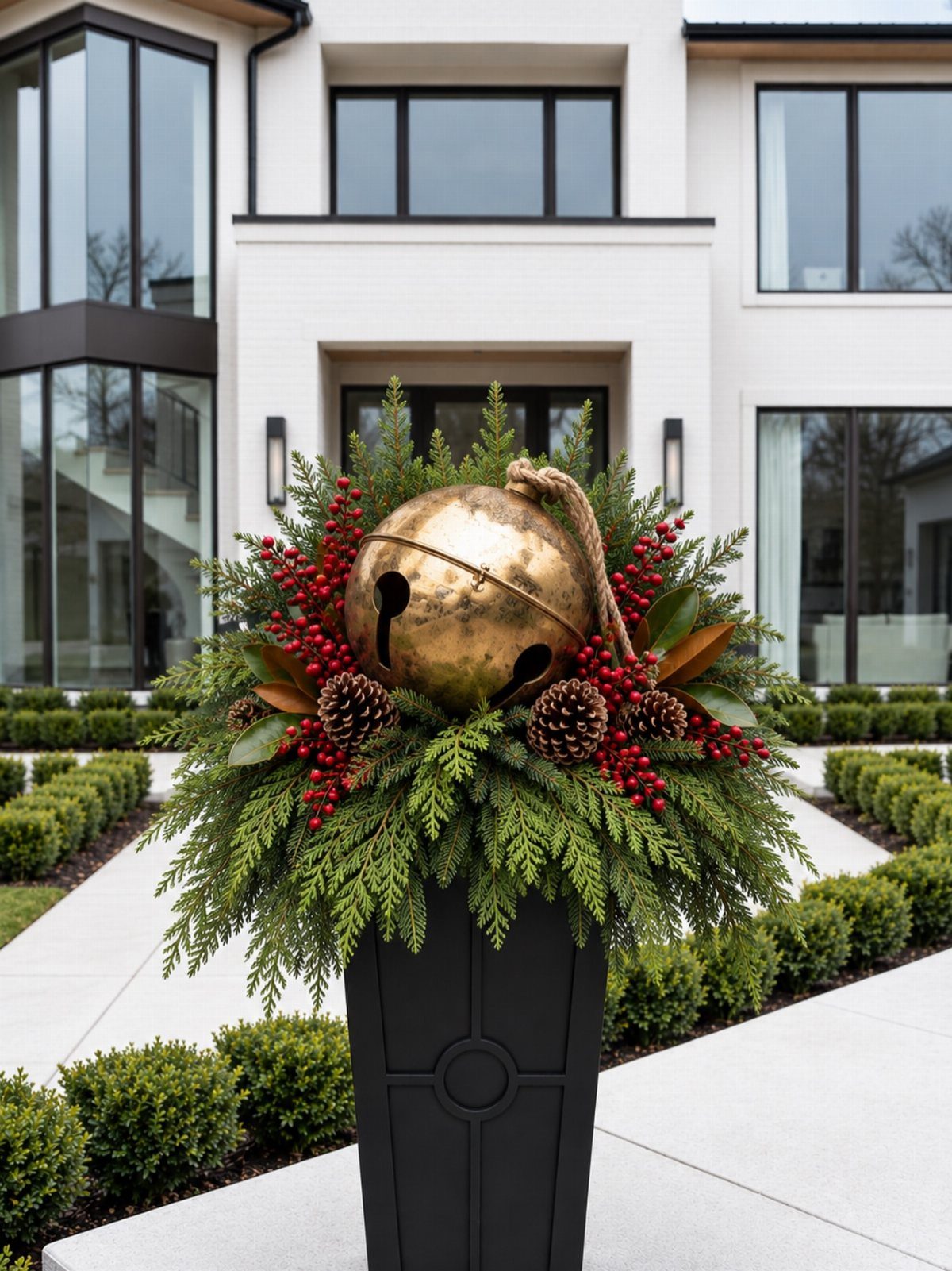 Outdoor black planter with evergreen greenery, red berries, and a large gold bell.