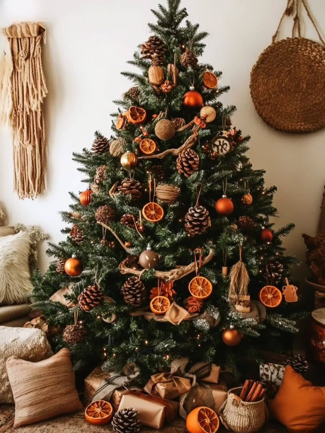 Christmas tree decorated with dried orange slices, pinecones, and brown ornaments.