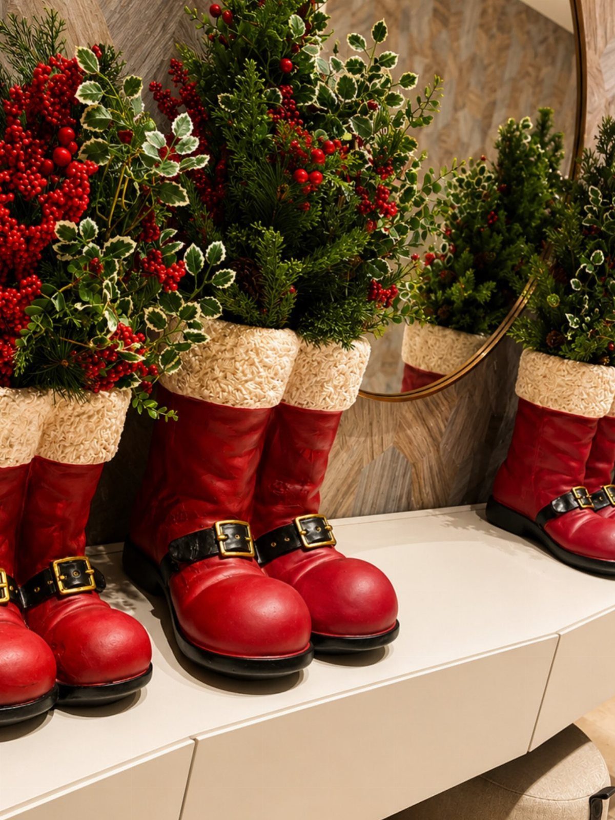 Red Santa boots used as planters with greenery and red berries on a table