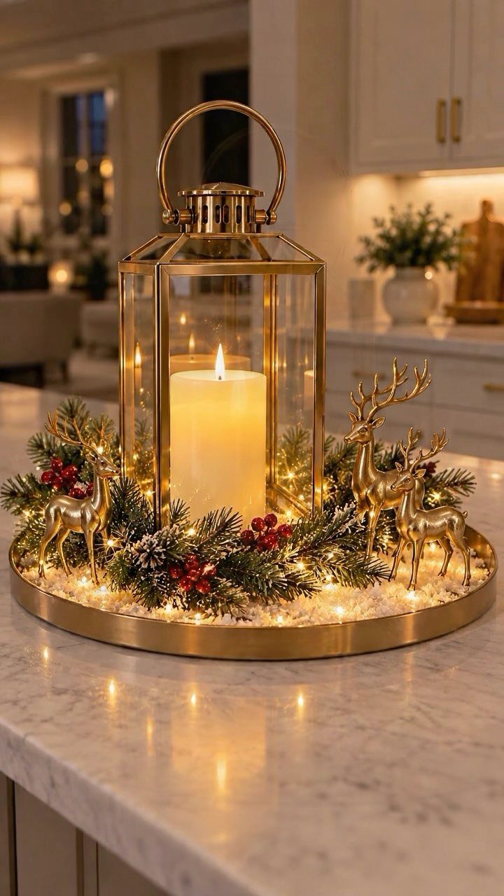 Gold lantern with a lit candle surrounded by greenery and gold reindeer figurines.