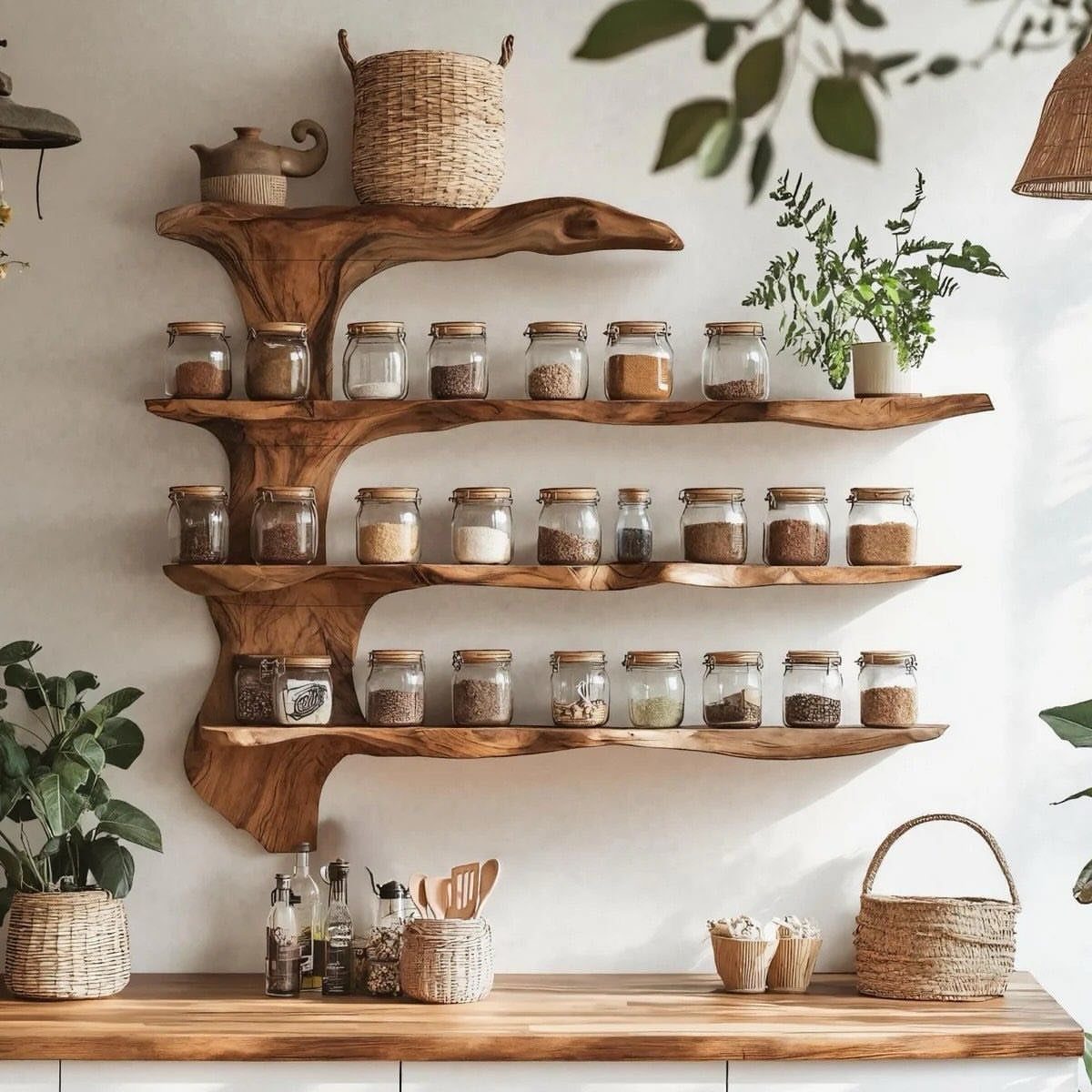 Live-edge wooden shelves holding glass spice jars and woven baskets on a white wall