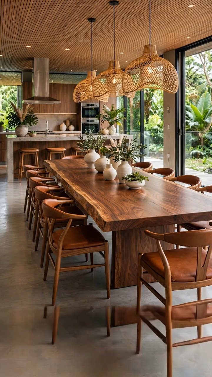 Live-edge wooden dining table with rattan pendant lights in an organic modern room