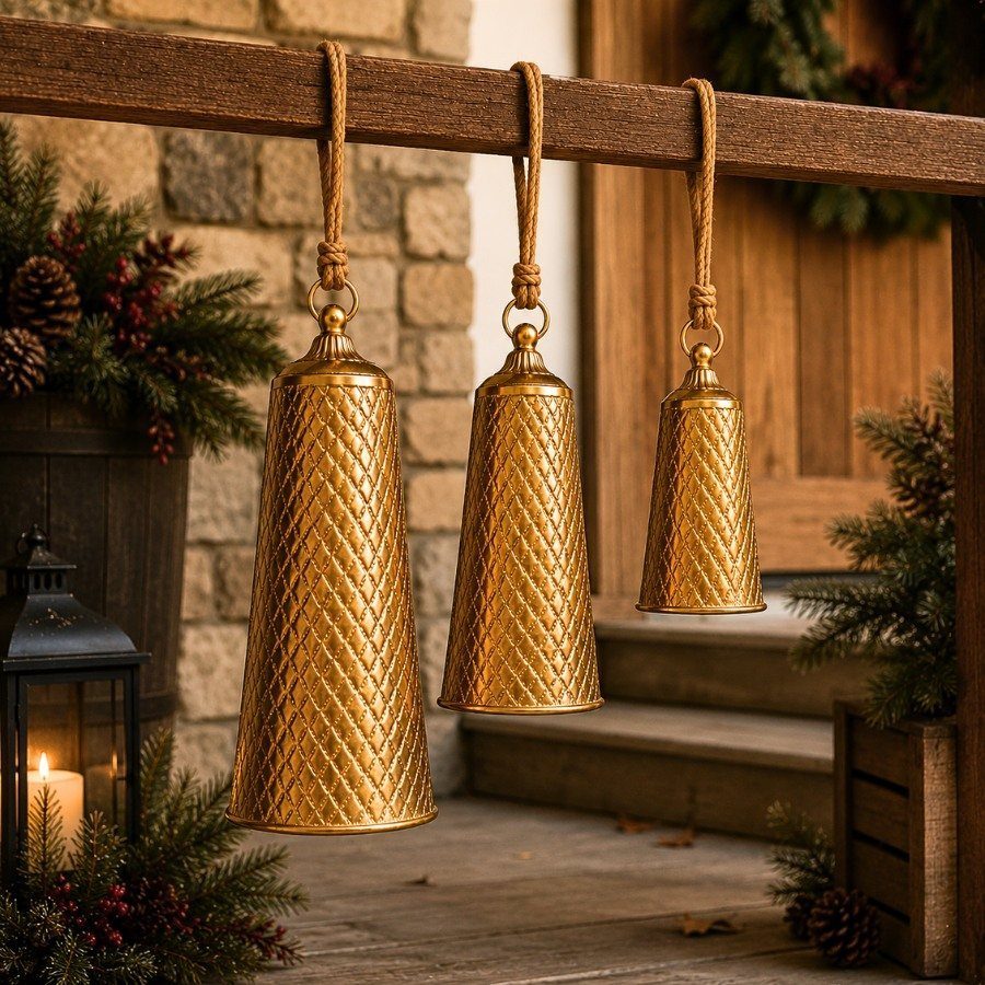 Three gold textured bells hanging from a wooden porch railing with festive greenery.