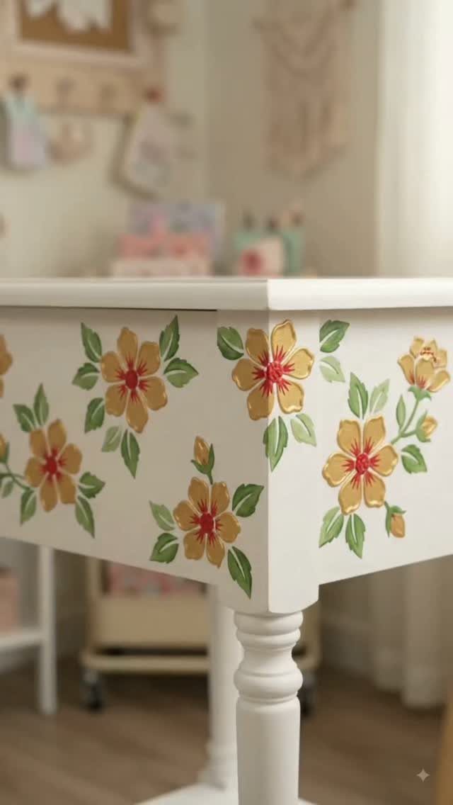 White wooden table with hand-painted yellow flowers and green leaves on the apron.