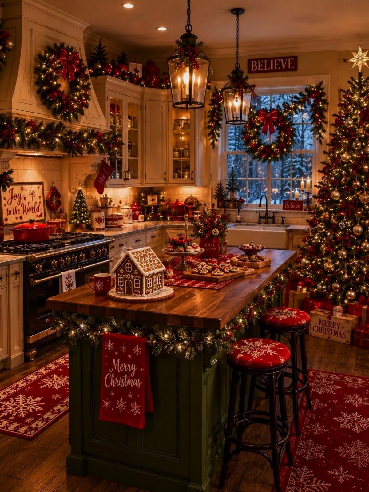 Christmas decorated kitchen with green island, red accents, and a lit tree