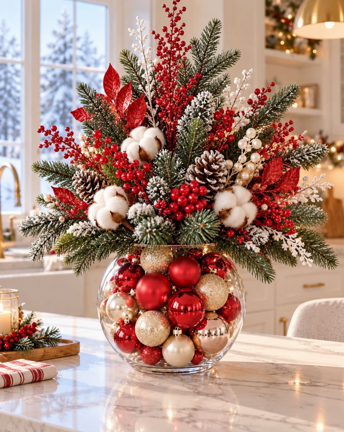 Christmas centerpiece with red and gold ornaments, pine branches, and red berries.