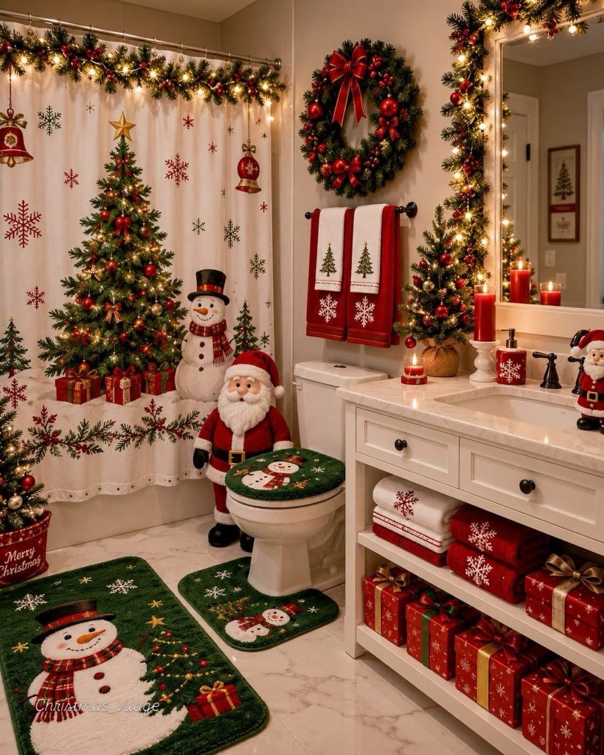 Christmas decorated bathroom with red and green ornaments, Santa, and festive rugs.