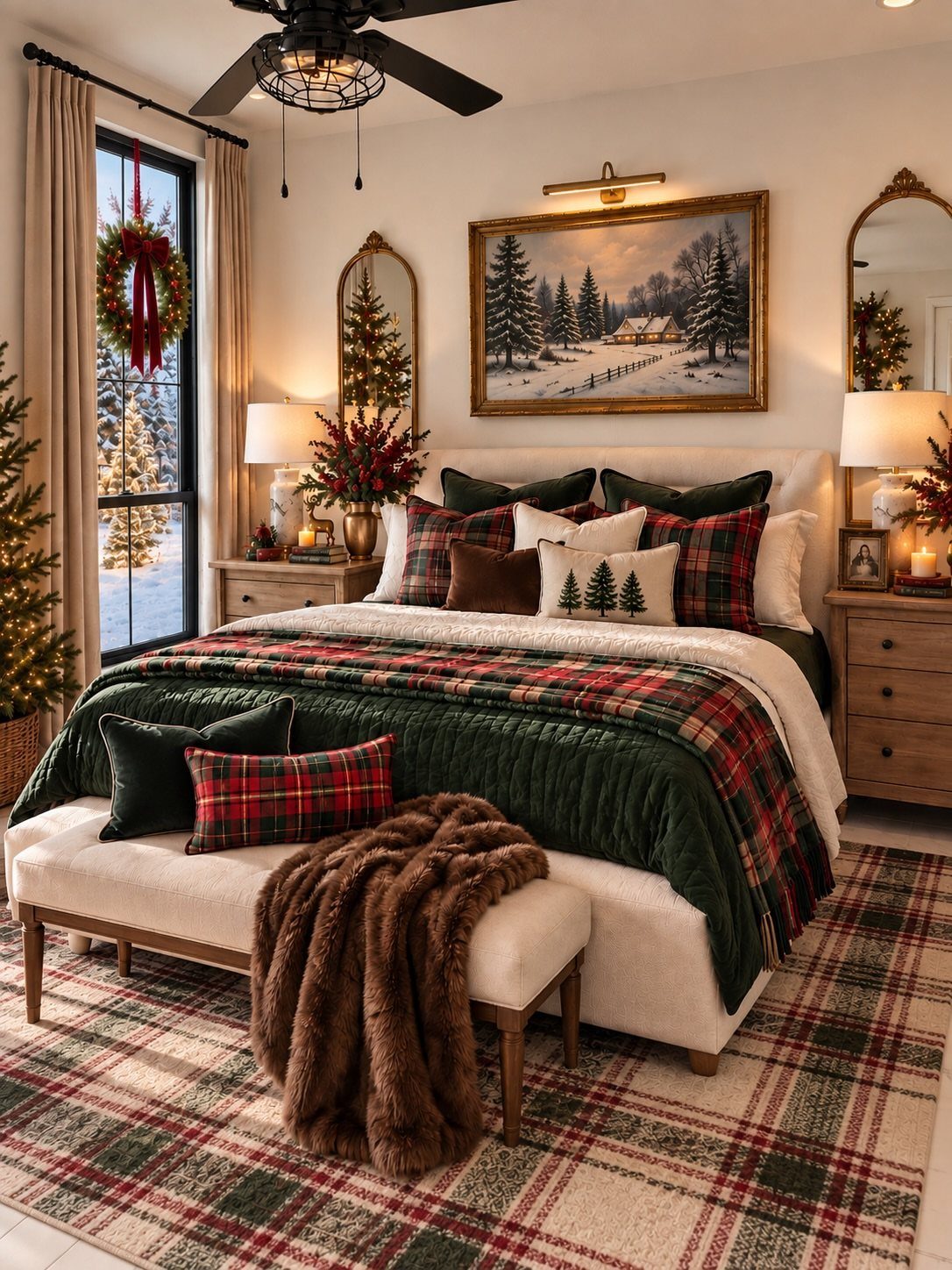 Festive bedroom with red plaid bedding, green quilt, and winter-themed holiday decorations.