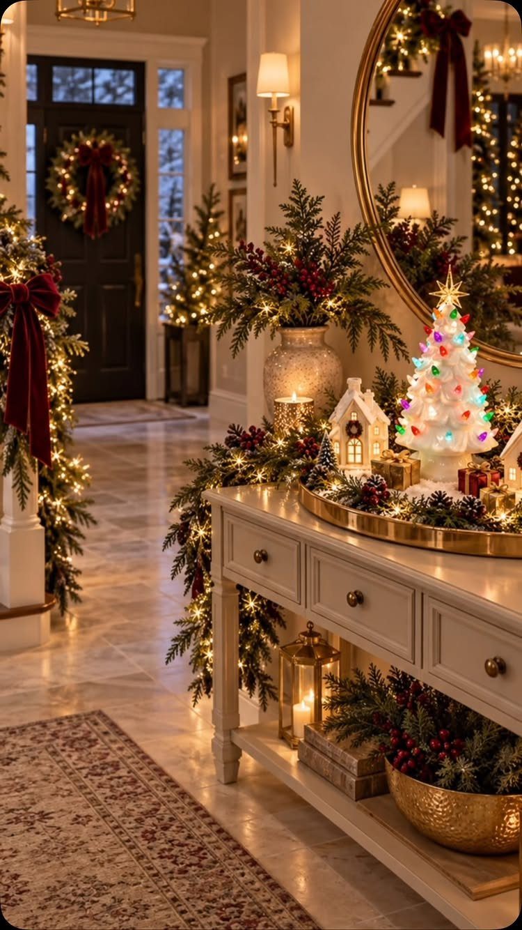 Festive entryway with a decorated console table, small white tree, and door wreath.