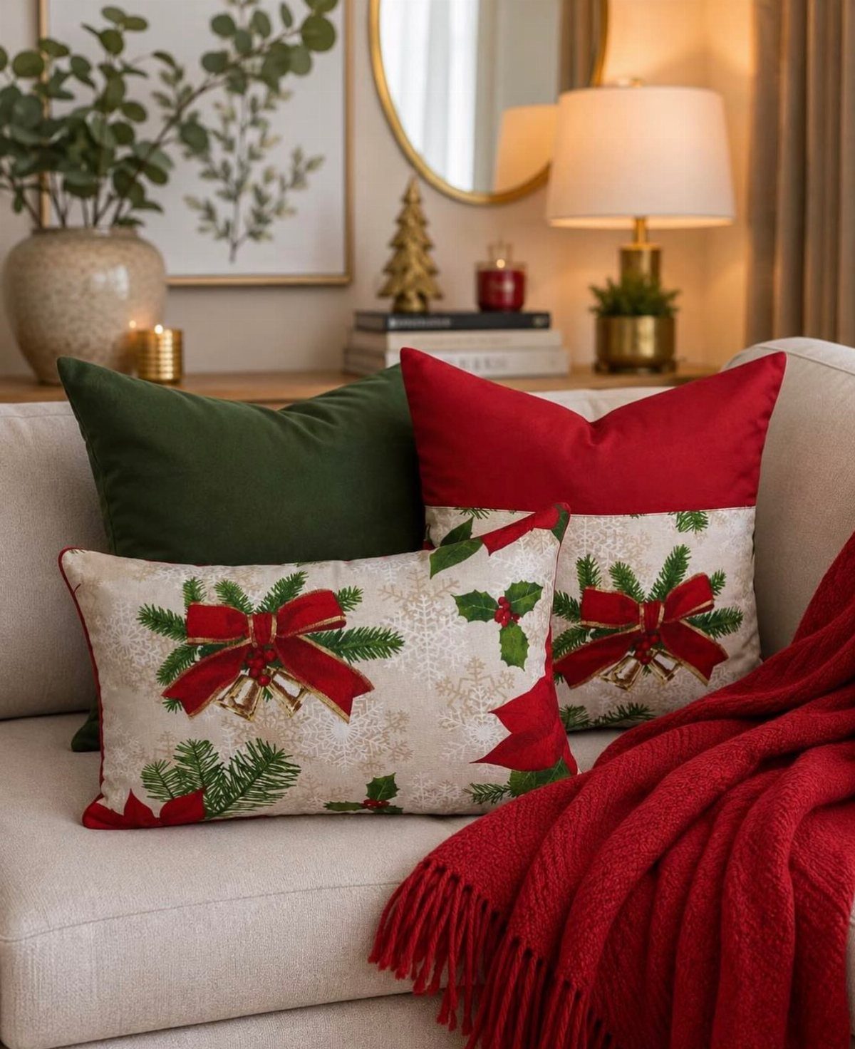 Christmas pillows and a red throw blanket on a neutral beige sofa.