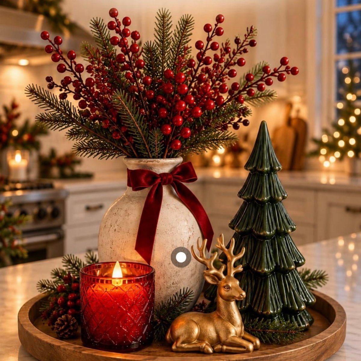 Christmas centerpiece with red berries, green tree, gold reindeer, and red candle.