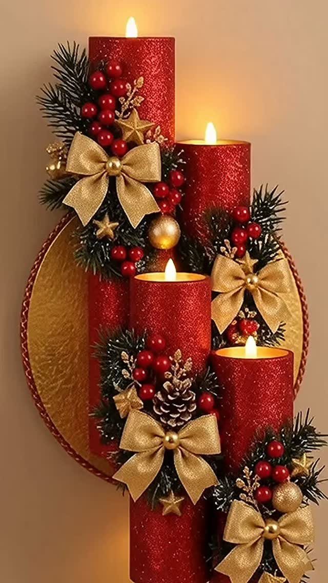 Red glittery pillar candles decorated with gold ribbons, pine needles, and red berries.