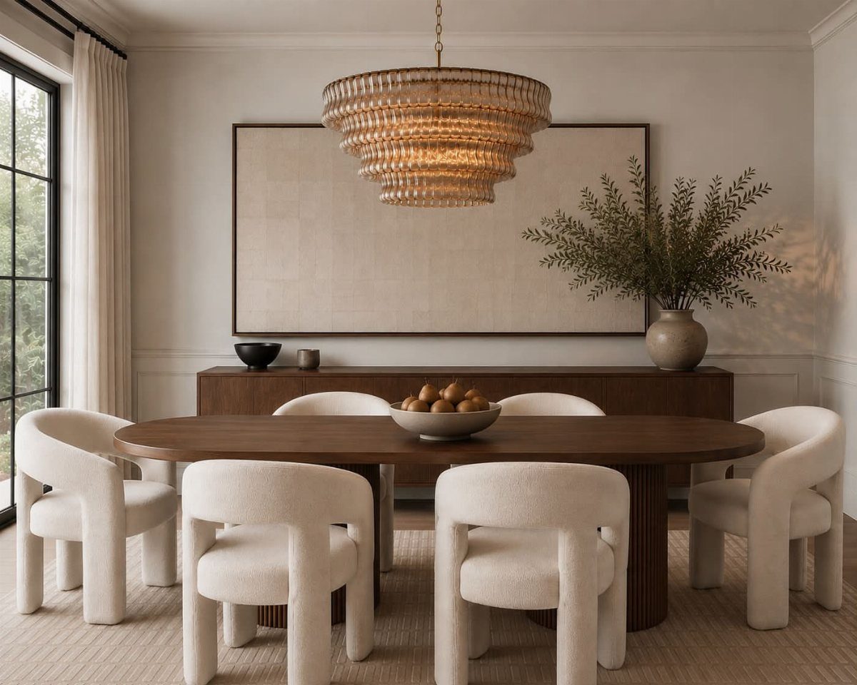 Dining room with dark wood table, white chairs, sideboard, and large wall art.