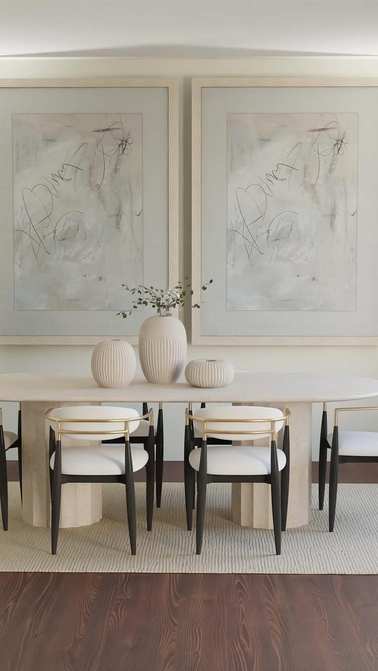 White rectangular dining table with gold-accented chairs and abstract art in background