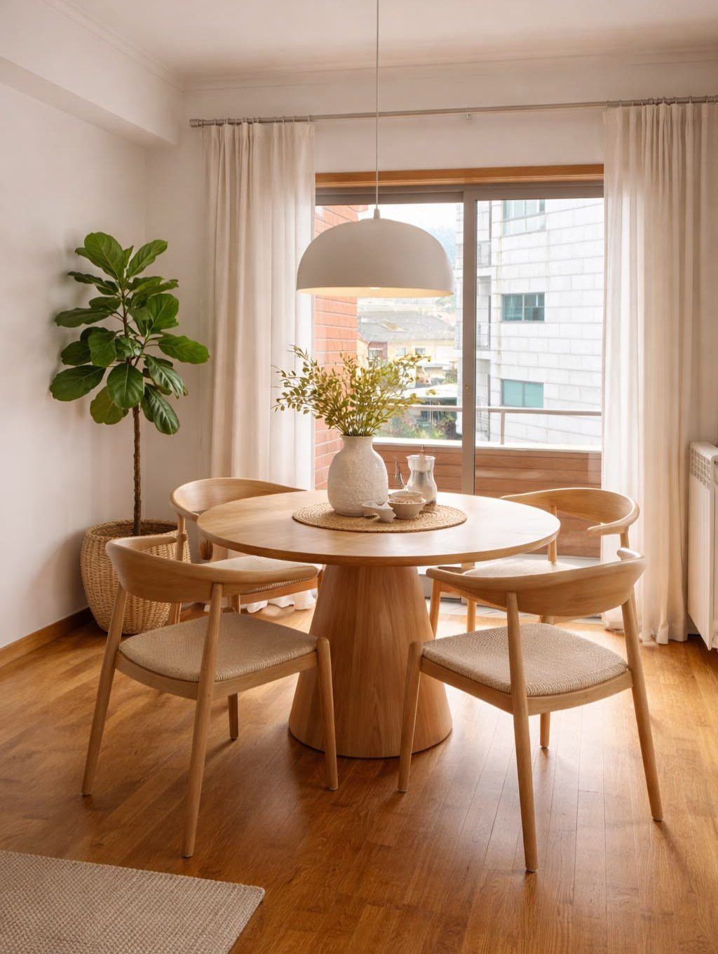 Round wooden dining table with four chairs in a bright, square room.