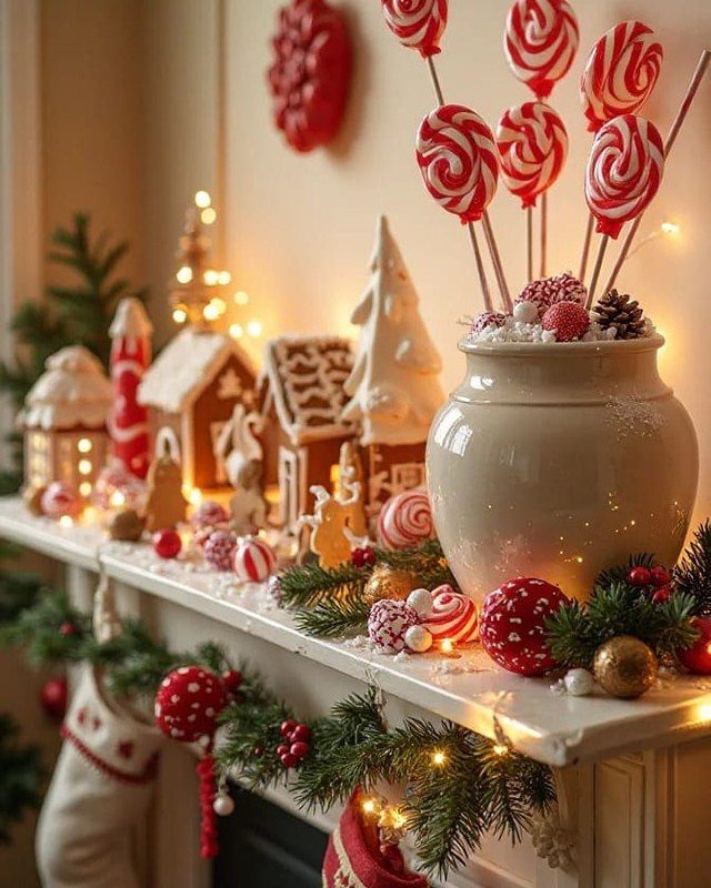 Christmas mantel decorated with gingerbread houses, red lollipops, evergreen garlands, and warm fairy lights.