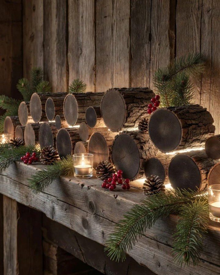 Rustic wooden mantel decorated with stacked logs, pine branches, red berries, and glowing candles.