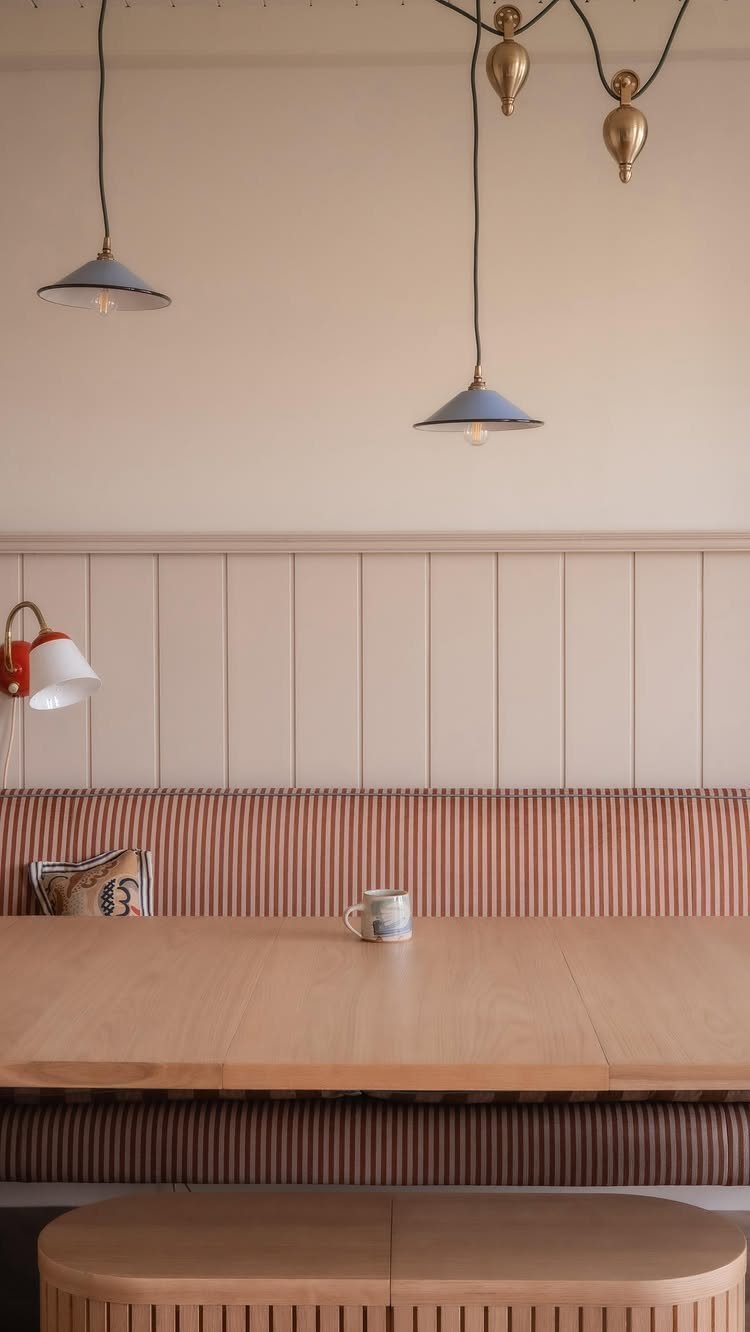 Wooden dining table with striped banquette seating and blue pendant lights in a nook.