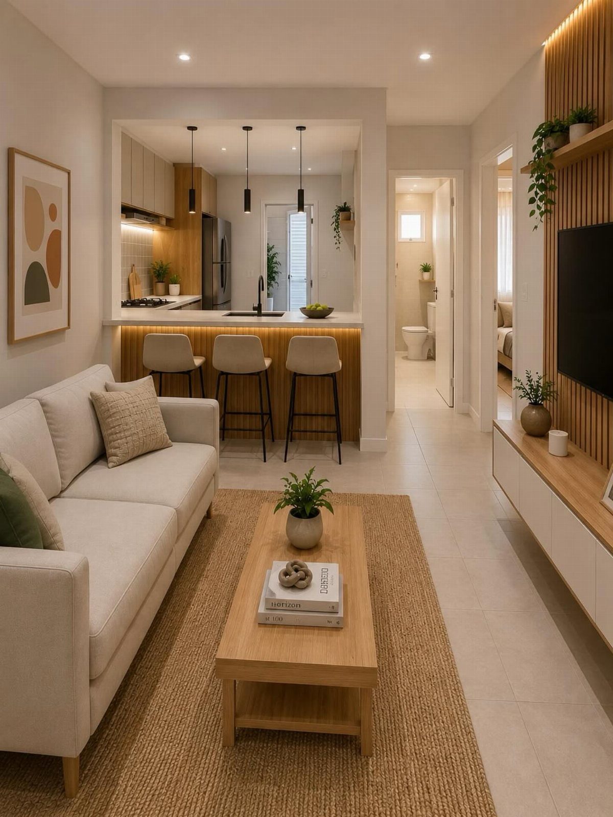Modern living room with a small breakfast bar and stools overlooking a kitchen.