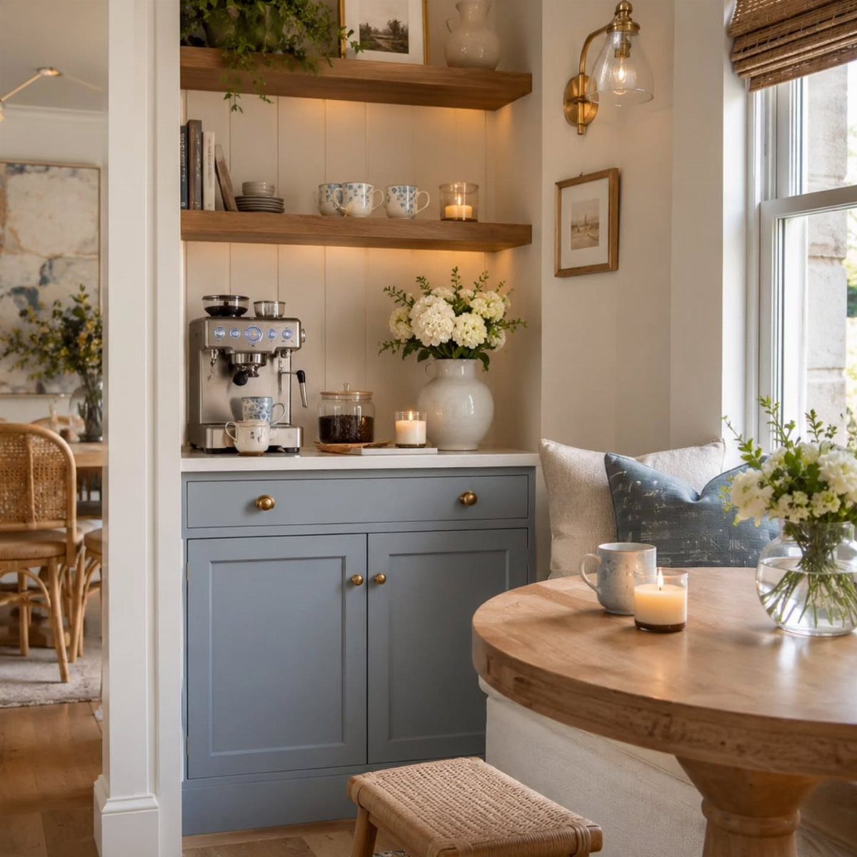 Wooden open shelves with mugs and books above a blue coffee station cabinet.