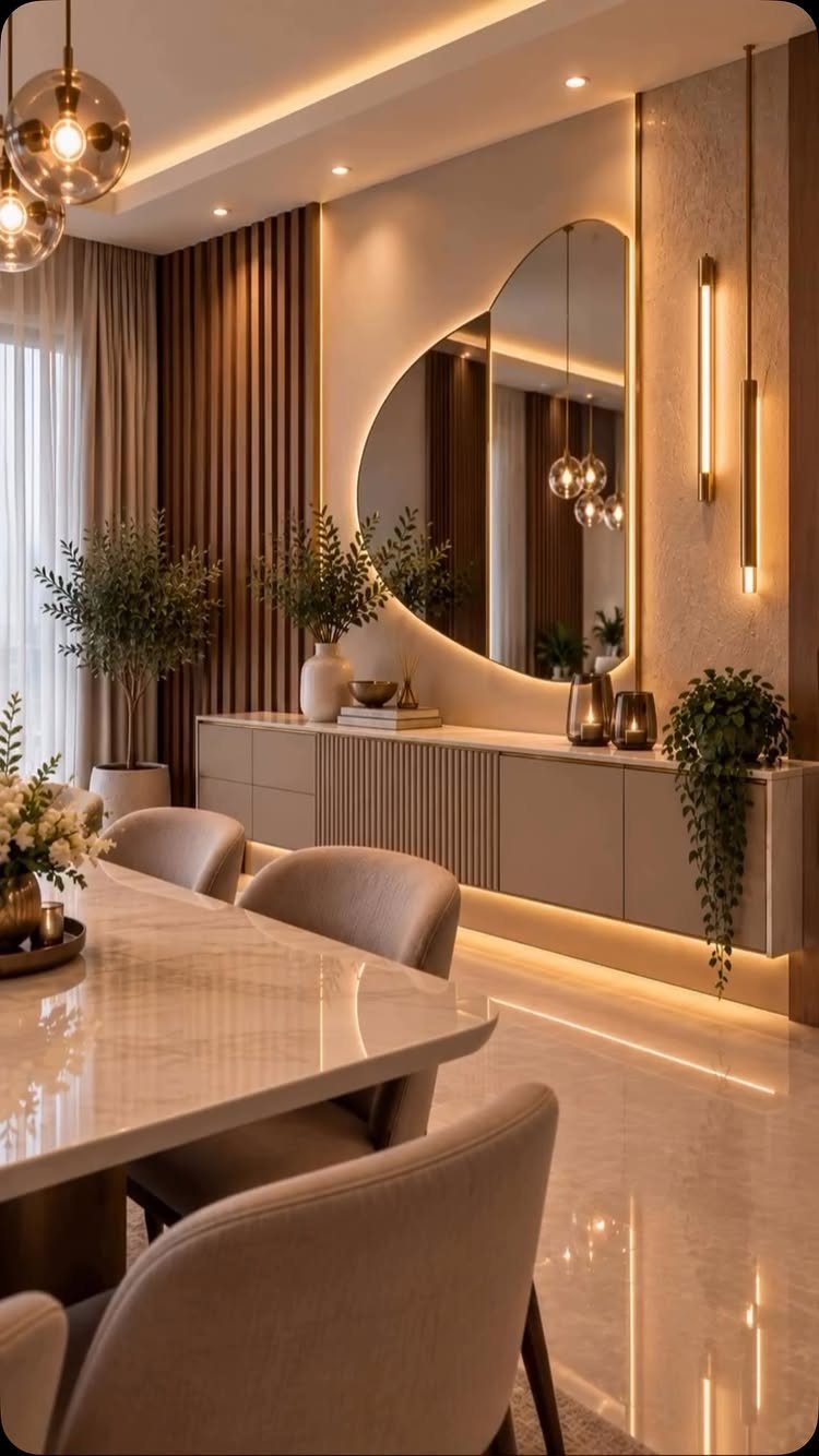 Modern dining area with marble table, beige chairs, and a backlit organic mirror.