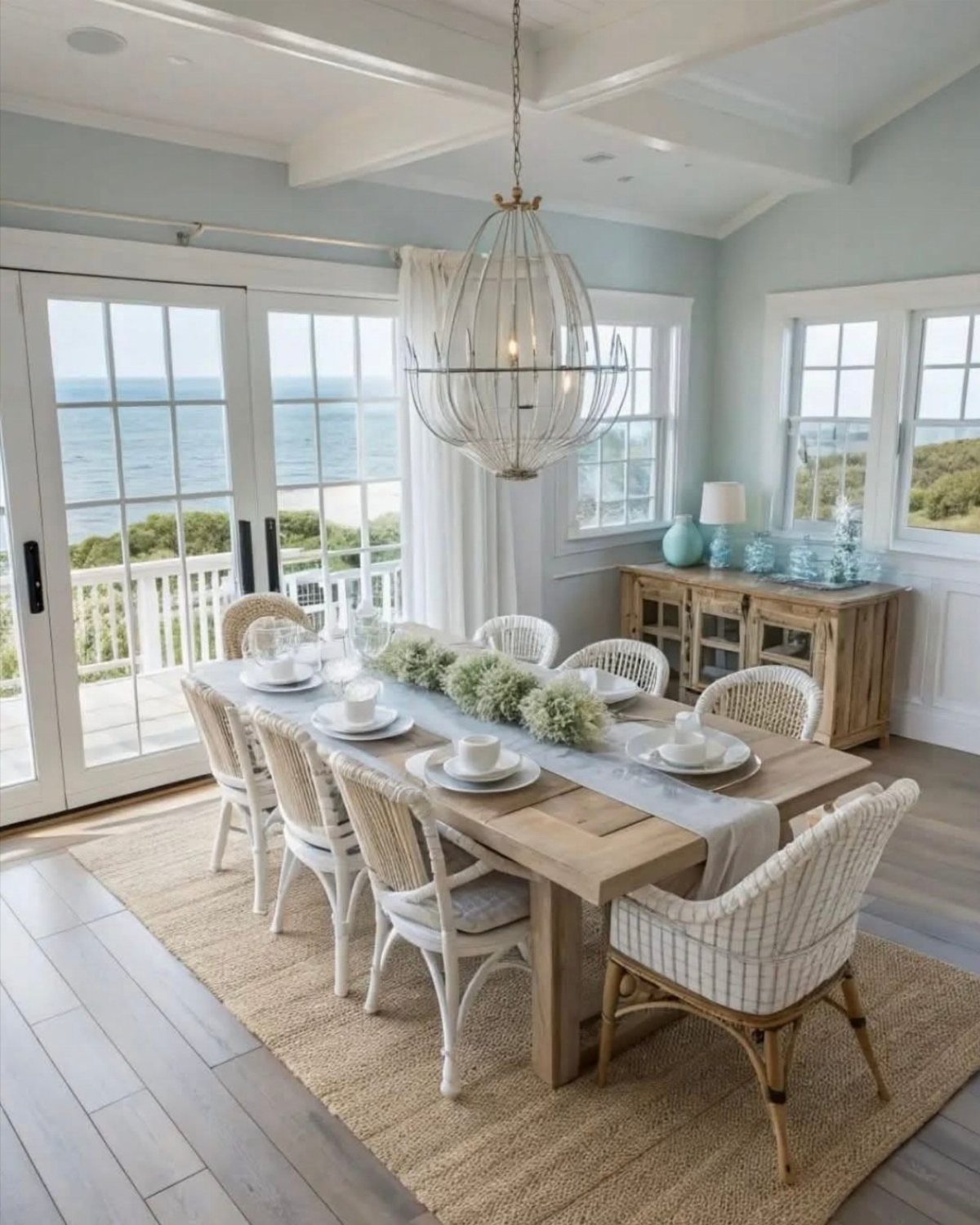 Light wood dining table with white chairs in a coastal room overlooking the ocean